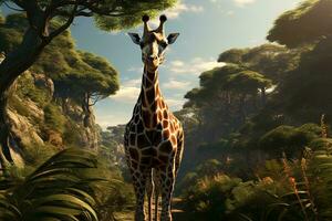 AI generated a serene natural environment with a giraffe as the focal point. The giraffe is standing amidst lush green plants and looks directly at the viewer. photo