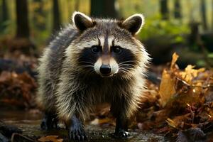 ai generado un mapache en medio de otoño hojas en un bosque piso, exhibiendo fauna silvestre en su natural hábitat. el mapache piel es grueso y lozano foto
