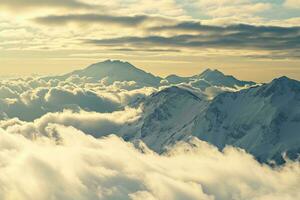 AI generated Majestic mountains pierce through a sea of clouds, bathed in the warm glow of the setting sun, showcasing nature's grandeur. photo