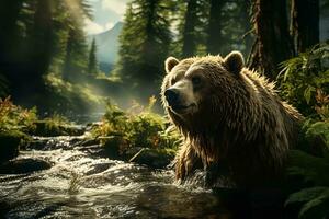 AI generated a majestic bear amidst a serene forest, with a glistening stream flowing and sunlight illuminating the lush greenery. photo