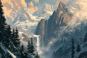 AI generated a breathtaking mountain vista with a pristine lake nestled amidst lush greenery under the expansive clear skies photo
