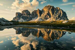 ai generado un maravilloso amanecer terminado un escabroso montaña rango. dentado y escabroso montaña picos dominar el primer plano, su intrincado texturas y formas destacado por el ajuste Dom foto