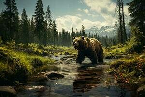 ai generado majestuoso oso zancadas mediante sereno bosque arroyo, Nevado picos y lozano verdor fondo foto