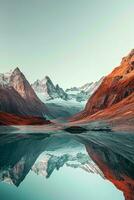 AI generated A breathtaking scene of towering mountains mirrored in a tranquil lake, illuminated by the warm glow of dawn. photo