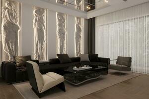 Modern interior design of ancient living room, contemporary, luxury, night scene, 3d rendering, 3d illustration photo