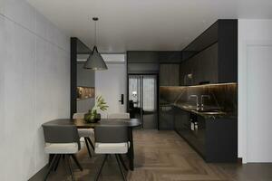 Classic minimal gray and black  dining  with parquet floor, modern interior design photo