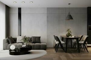 living and dining room in white and beige tones. Sofa, table, chairs, decor. Contemporary interior design photo