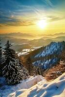 AI generated Breathtaking sunset illuminating snowy peaks, casting a warm glow on the landscape, highlighting the serene beauty of nature. photo