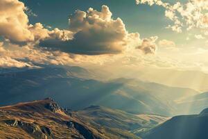 AI generated Breathtaking sunset over rugged mountains golden light filters through majestic clouds, illuminating the intricate landscape below photo