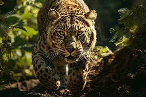 ai generado un majestuoso leopardo Moviente graciosamente, sus intenso ojos enfocado rodeado por lozano verdor, el animal es iluminado por suave luz de sol. foto