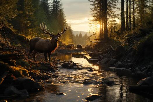 ai generado un majestuoso alce en pie por un pacífico bosque corriente bañado en el dorado ligero de el ajuste Dom. el rodeando ambiente es un denso bosque foto