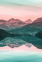 AI generated A tranquil scene capturing a pink-hued sunrise over majestic mountains, mirrored perfectly in the calm waters of a serene lake. photo