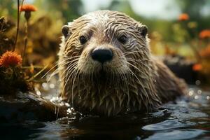 ai generado un mojado nutria rodeado por un formación de vistoso flores y iluminado por suave reluciente ligero. el nutria piel es mojado y brillante foto