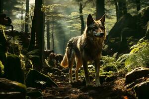 AI generated A lone wolf stands amidst a serene forest, bathed in sunlight filtering through the dense canopy of trees, casting an ethereal glow on the lush greenery. photo