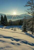 AI generated Bright sunrise illuminates a pristine snowy landscape, casting shadows and highlighting the tranquil beauty of the mountains and forest photo