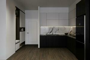 Black and white kitchen interior with countertops photo