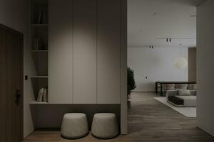 Contemporary Chic Nordic Clean Style foyer area allocated with stools and shoe cabinet. photo