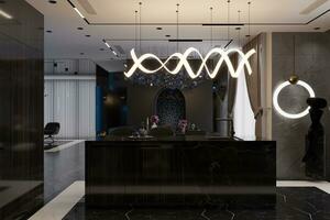 A contemporary and opulent kitchen counter with a pendant LED light over the counter. photo