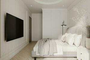 Rendering of a minimalist bedroom. TV hangs on the wall against the bed, pillows lying on the bed. The white decor. photo