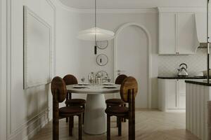 Rendering of a minimalist dining room. Stylish wooden chairs with a White dining table, and white decor. photo