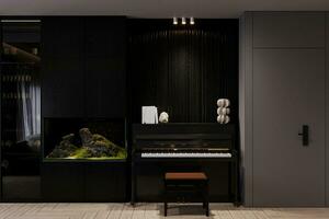 Create a musical point along with a piano in the living room, beside the aquarium. photo