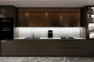 3d rendering white marble kitchen island and luxury kitchen. photo