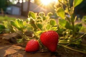 Ripe strawberries on a bed on a sunny day. Generative artificial intelligence. photo