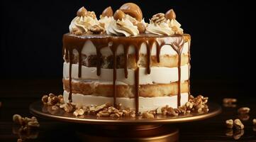 Sponge cake with milk cream, caramel and nuts. photo