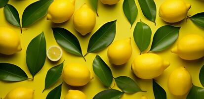 Ripe lemons and lemon leaves on a yellow background. Top view. photo