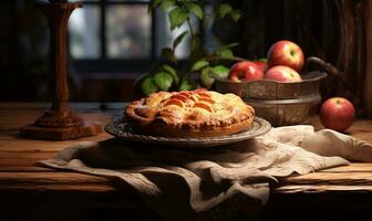 ai generado un de madera tablero con un tarta con manzanas foto