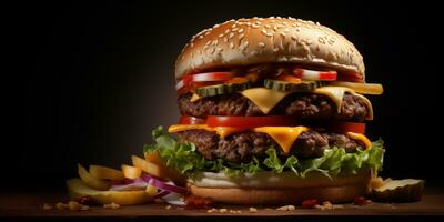 Delicious juicy burger with meat beef cutlets, cheese, greens, and sesame seed buns. Fast food. AI generated. photo