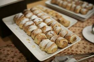 Cake filled with chocolate and banana made from flour and other ingredients photo