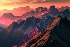 AI generated a stunning mountain range bathed in the warm glow of a sunset. Rugged and jagged mountain peaks are highlighted, photo