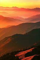 ai generado un maravilloso puesta de sol terminado un montañoso terreno, fundición vibrante naranja y rojo matices a través de el sereno y majestuoso paisaje. el en general estado animico de el imagen es tranquilo y impresionante. foto