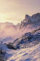 AI generated A breathtaking view of snow-covered mountains kissed by the morning sun, surrounded by a mystical mist. photo