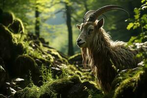 ai generado un majestuoso cabra soportes en medio de un lozano verde bosque, bañado en luz de sol filtración mediante el denso follaje, destacando sus grandeza foto