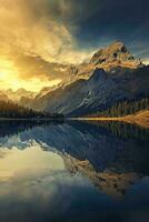 AI generated Golden sunset illuminates a majestic mountain, its reflection captured in a tranquil lake surrounded by forest. photo