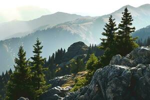 AI generated a serene mountain landscape with rocky foreground, lush green trees, and distant mist-covered peaks. The atmosphere is mystical and tranquil, evoking a sense of awe and wonder photo