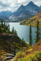 AI generated A serene mountain lake nestled among majestic peaks, adorned with autumnal foliage. A tranquil escape showcasing nature's splendor. photo