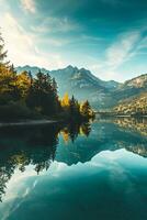 AI generated Breathtaking view of an alpine lake with crystal clear waters reflecting the sky, surrounded by autumn-colored trees and a majestic mountain backdrop photo