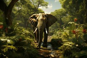 AI generated Majestic elephant amidst lush forest, by a serene stream surrounded by vibrant greenery. The sun rays filter through the trees photo