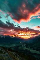 AI generated A breathtaking sunset over a serene valley, surrounded by majestic mountains and illuminated by vibrant hues of red and orange. photo