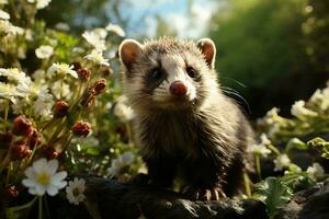 AI generated A curious ferret explores a garden, surrounded by white blossoms under the gentle warmth of sunlight. The detailed fur pattern and inquisitive look of the ferret photo