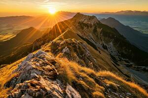 AI generated a golden sunrise illuminating rocky peaks, casting shadows and light over the lush green valleys and distant misty mountains photo