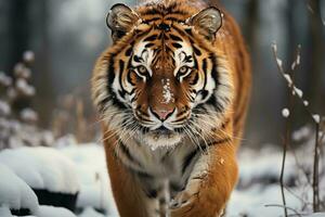 ai generado un majestuoso Tigre camina mediante un Nevado bosque, sus intenso mirada capturado en esta maravilloso invierno fauna silvestre fotografía. foto