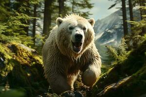 ai generado un poderoso oso en un lozano verde bosque, rugido con Nevado montañas en el antecedentes. el imagen capturas un momento de crudo natural belleza y fuerza. foto