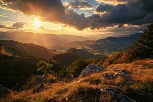 AI generated Breathtaking sunset illuminating a serene landscape of mountains, with dark clouds overhead and a rocky terrain in the foreground photo