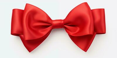 AI generated A red bow of satin tied along an edge on a white background. Valentine's Day celebration. Xmas. A present. Generated by artificial intelligence. photo