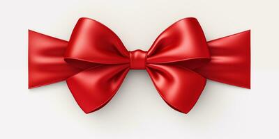 AI generated A red bow of satin tied along an edge on a white background. Valentine's Day celebration. Xmas. A present. Generated by artificial intelligence. photo