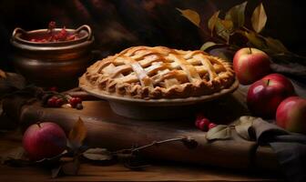 AI generated A wooden board with a pie with apples photo